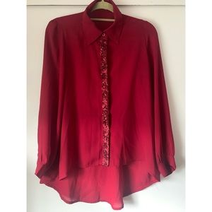 Tobi Red Chiffon Button Down with Glitter Detail